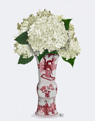 Chinoiserie Hydrangea White, Red Vase