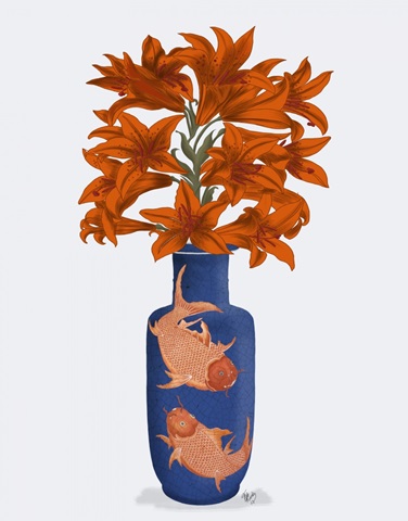 Chinoiserie Lilies Orange, Blue Vase