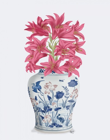 Chinoiserie Lilies Pink, Blue Vase