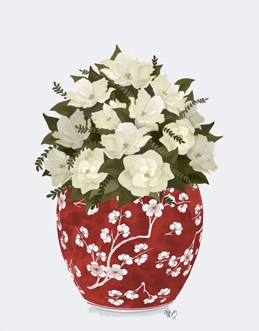 Chinoiserie Magnolias White, Red Vase