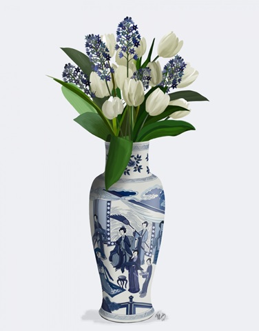 Chinoiserie Tulips White, Hyacinth Blue, Blue Vase