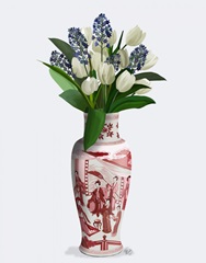 Chinoiserie Tulips White, Hyacinth Blue, Red Vase