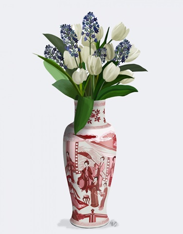 Chinoiserie Tulips White, Hyacinth Blue, Red Vase
