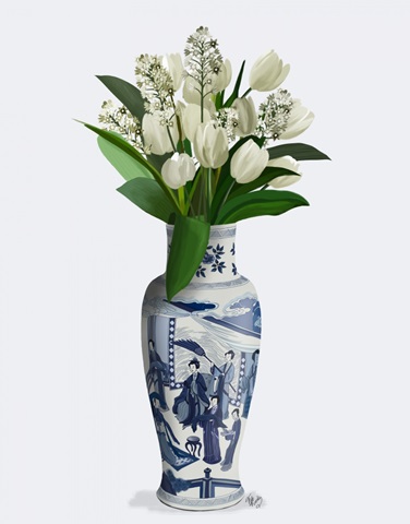 Chinoiserie Tulips White, Hyacinth White, Blue Vase