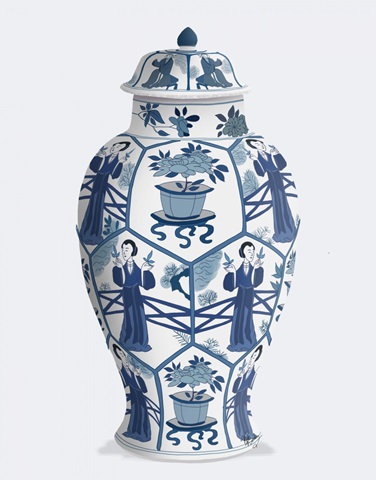 Chinoiserie Vase Leaf Picker Blue