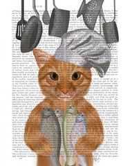 Ginger Cat Fish Chef, Portrait Book Print