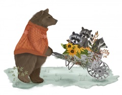 Bear and Raccoons in Wheelbarrow