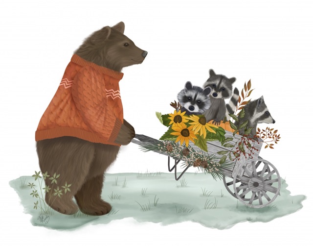 Bear and Raccoons in Wheelbarrow