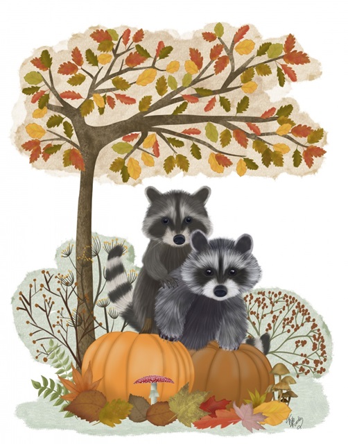 Raccoons On Pumpkins Under Tree