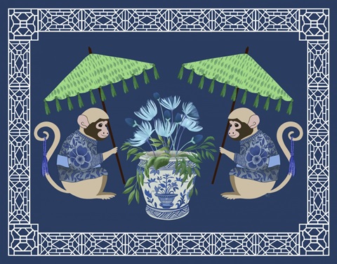 Monkey Twins and Planter on Blue
