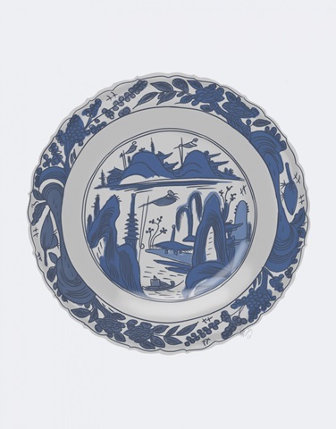 Plate, Mountains and Temples in Blue