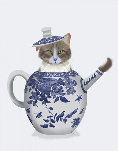 Cat in Chinoiserie Teapot, Blue