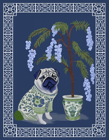 Chinoiserie Pug and Cherry Blossom On Blue