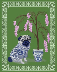 Chinoiserie Pug and Cherry Blossom On Green