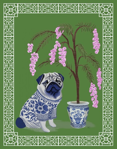 Chinoiserie Pug and Cherry Blossom On Green