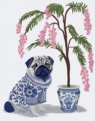 Chinoiserie Pug and Cherry Blossom On Grey
