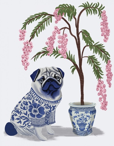 Chinoiserie Pug and Cherry Blossom On Grey