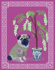 Chinoiserie Pug and Cherry Blossom On Pink