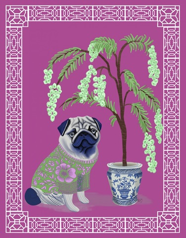 Chinoiserie Pug and Cherry Blossom On Pink