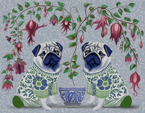Chinoiserie Pug Twins and Fuchsia