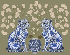Chinoiserie Leopard Twins on Olive Haze