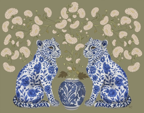 Chinoiserie Leopard Twins on Olive Haze