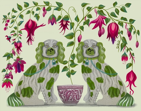 Staffordshire Dog Twins and Fuchsia