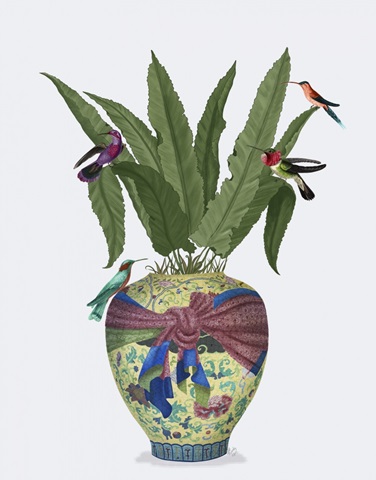 Chinoiserie Ginger Jar, Bright Ribbon and Hummingbirds