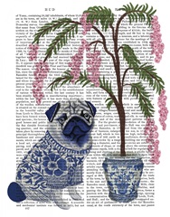 Chinoiserie Pug and Cherry Blossom On Grey