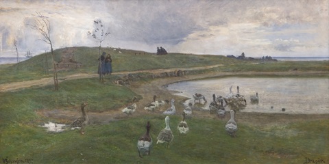Geese and sheep in the town field. Drag ear by Viggo Johansen