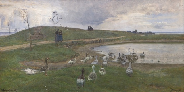 Geese and sheep in the town field. Drag ear by Viggo Johansen