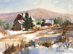 Red Barn in Snowy Valley