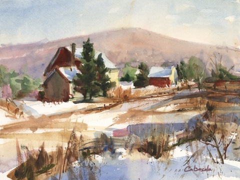 Red Barn in Snowy Valley