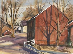 Red Barn with Barren Trees