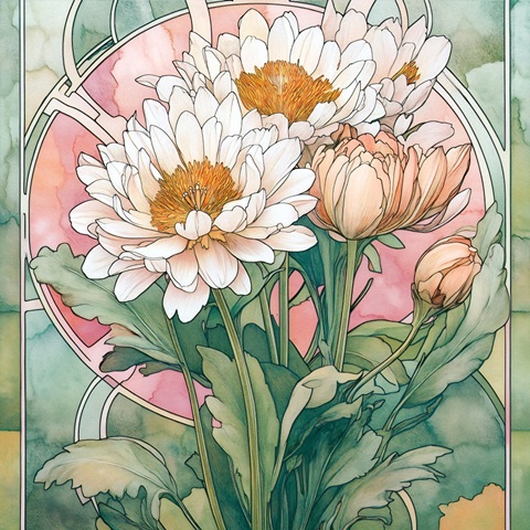 Stained Glass Nouveau Flowers I